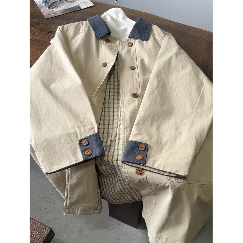 Color-Blocked Khaki Trench Coat for Women, 2026 Spring and Autumn New Style, Petite Mid-Length, Fashionable and High-End