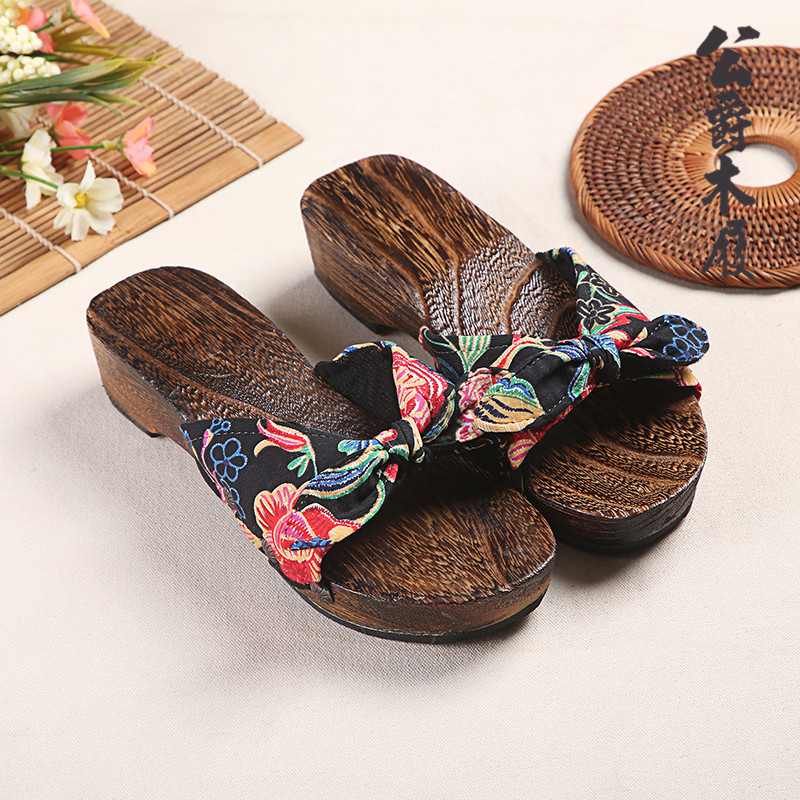 Chinese-Style Wooden Clogs for Women with Bowknot, Non-Slip Wedge Sandals, Flip-Flops, Wooden Slippers, Cosplay Couple's Non-Slip Shoes