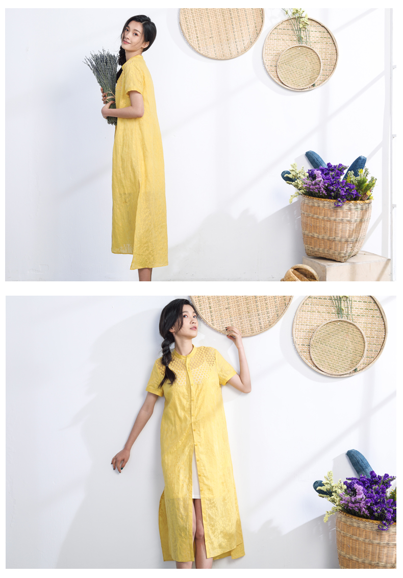 Ayou phụ nữ gốc 2017 mùa xuân và mùa hè hollow thêu văn học ramie ngắn tay áo đầm D172W1809 đầm trắng