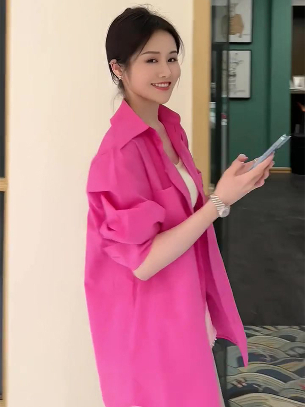 Dragon Fruit Pink Shirt for Women, New Summer Style, High-End, Elegant, Slimming, Loose, Versatile, Brightening, Sun-Protective Shirt