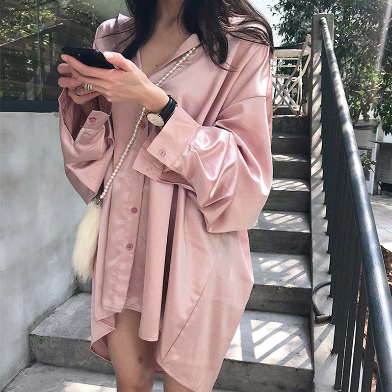 新作春秋韓国風ゆったりプラスサイズボーイフレンドパジャマスタイル快適シルク光沢サテンシャツ（女性用）