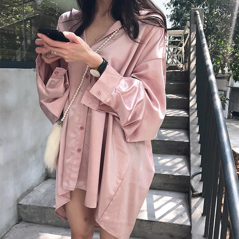 Spring and Autumn New Korean Style Loose Plus Size Bf Boyfriend Mid-Length Pajama-Style Comfortable Silk Glossy Satin Shirt for Women Spring and Autumn New Korean Style Loose Plus Size Bf Boyfriend Mid-Length Pajama-Style Comfortable Silk Glossy Satin Shirt for Women