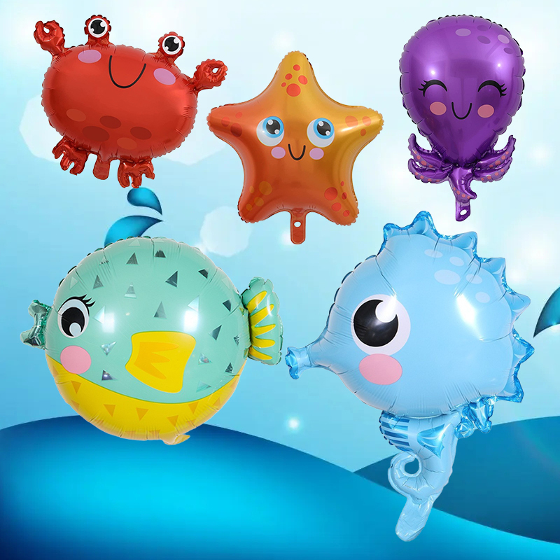 Party Decoration Setup Toy Balloons Ocean Fish Shape Cartoon Aluminum Foil Balloon Column Starfish Octopus Crab Pufferfish