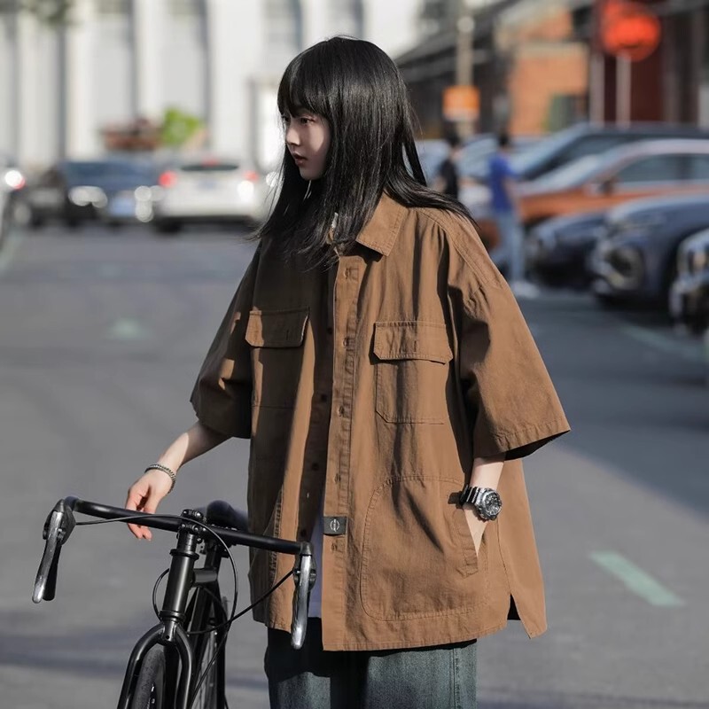 Extra Large Size 150kg Outdoor Workwear Short-Sleeved Shirt for Men and Women, Summer Japanese Style Hong Kong Style Loose Solid Color Half-Sleeve Top2