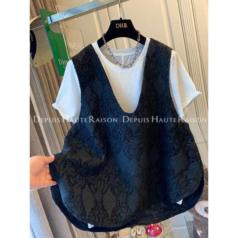 Extra Large Size 150kg New Chinese Style Jacquard Lace Vest Short-Sleeved T-Shirt for Men and Women, Summer Loose Casual Two-Piece Set