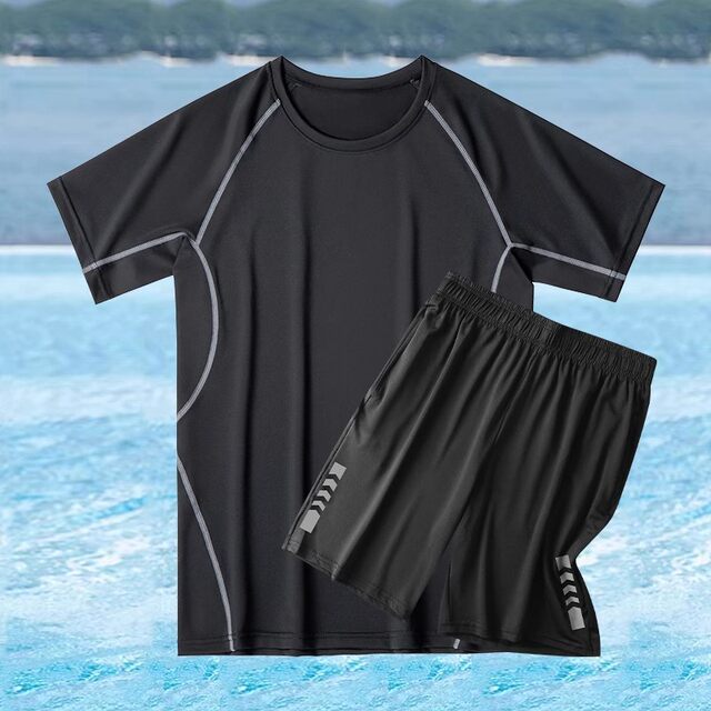 Men's Loose-Fitting Swimsuit Set for Hot Springs, Anti-Embarrassment, Sun Protection, Five-Point Swim Trunks, Quick-Drying Top, Beach Swimming, Adult