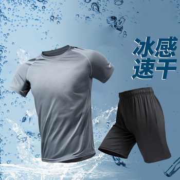 Ice Silk Sports Suit Men's Running Quick-Drying Short-Sleeved Summer Thin Fitness Clothing Casual Basketball Training Clothing Equipment