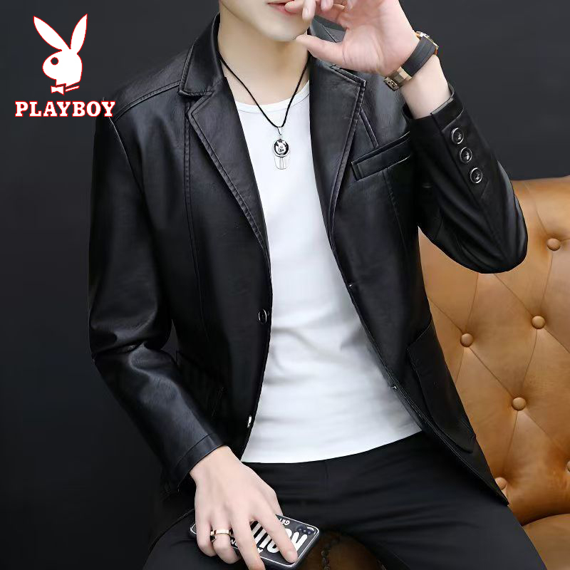 Playboy Spring and Autumn Suit Collar Leather Jacket Men's Slim Fit Handsome Men's Leather Jacket Motorcycle Jacket Suit Jacket