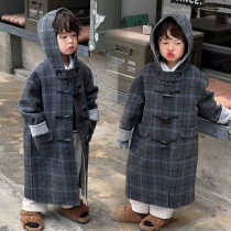 Korean style childrens clothing boys coat 2024 new childrens gray claw button woolen coat mid-length fashionable and versatile