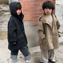 Korean mens and womens 100% double-sided woolen coats for autumn and winter new fashionable hooded coats for middle and older children
