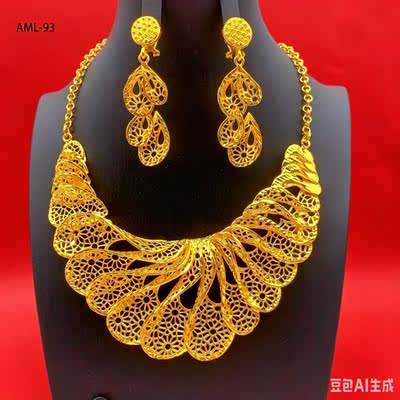 Dubai Arab 24K gold-plated ethnic style bridal dress, gown, necklace set, Thai court gold jewelry