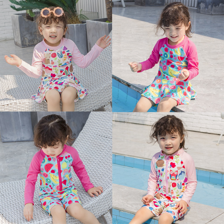 Child bathing suit sunscreen conjoined female swimsuit girl speed dry spa long sleeve split one-piece baby long sleeve swimsuit-Taobao