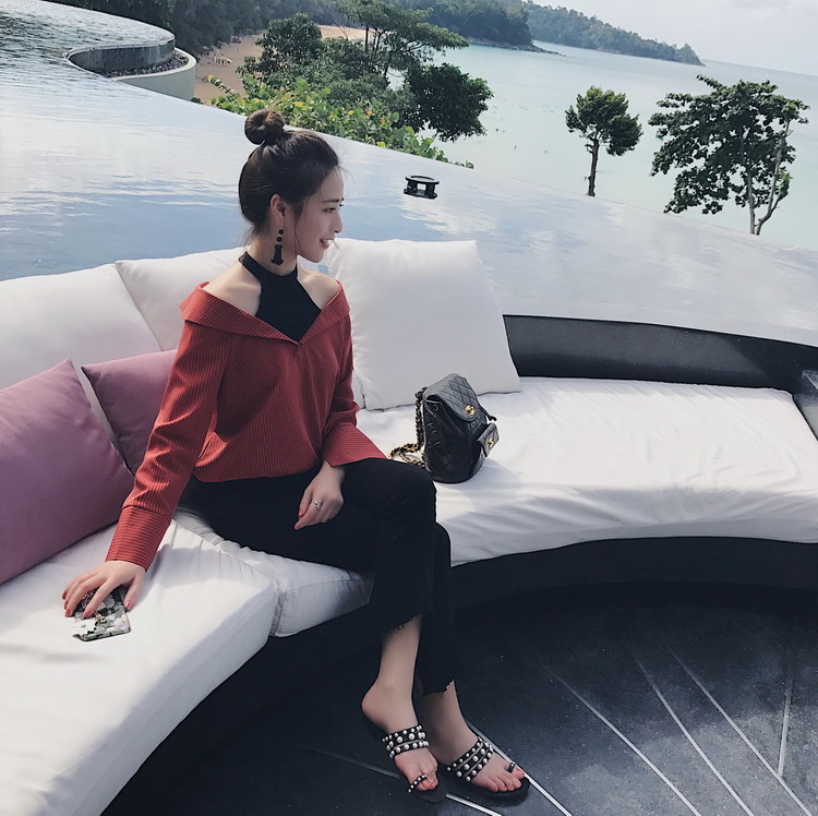 Áo xuân 2018 nữ mới có cổ chữ V kẻ sọc dọc, nữ mùa hè mỏng manh dành cho nữ áo dài áo sơ mi sọc