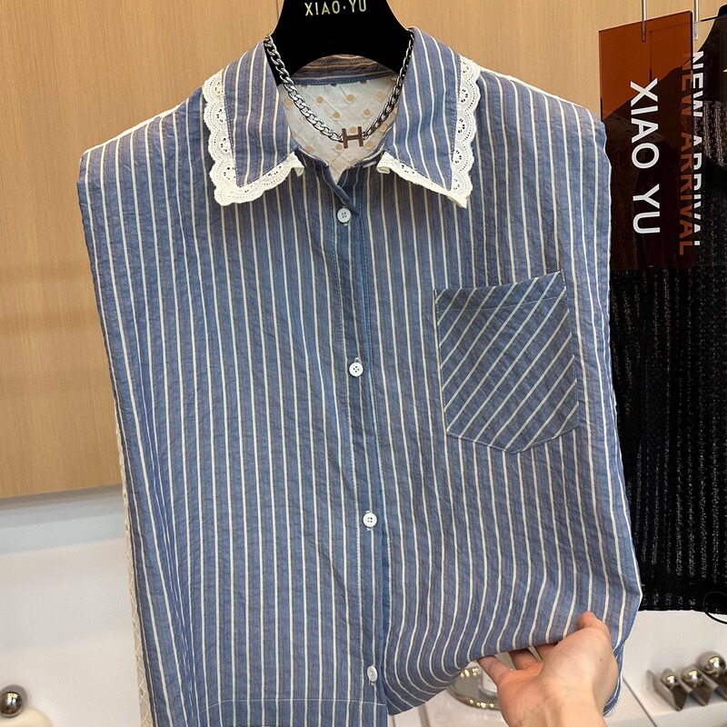 High-End European Summer New Fashion Lace Trim Embroidered Sleeveless Turn-Down Collar Vertical Striped Shirt Top for Women
