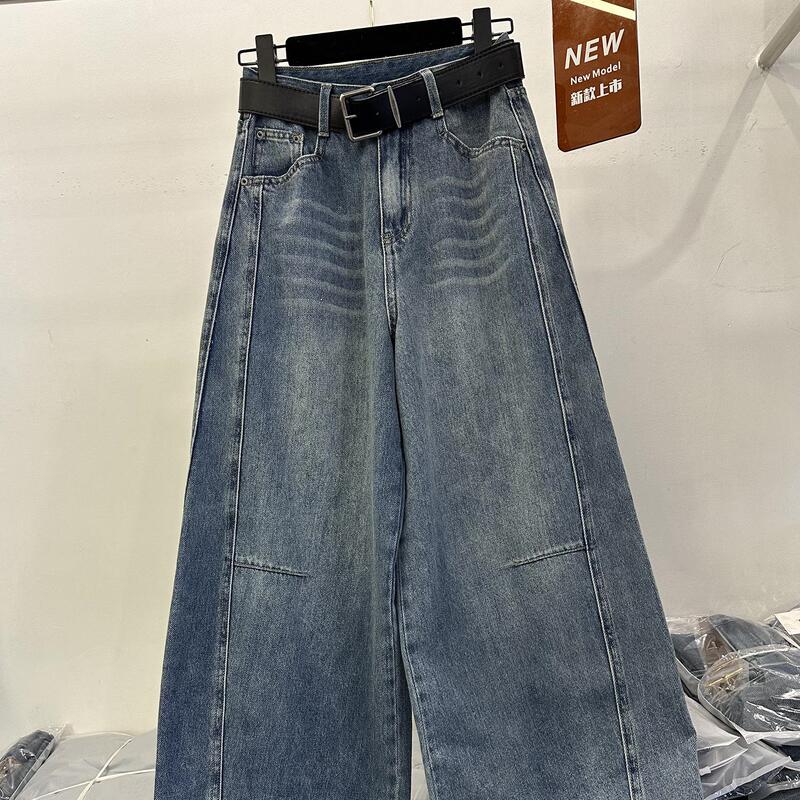 High-End European Goods 2025 Spring New Style Loose Casual Retro Washed Denim Scimitar Wide-Leg Pants for Women with Belt