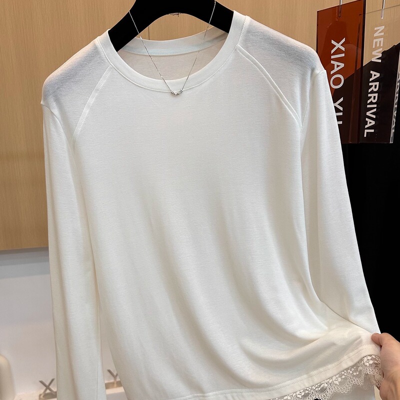 High-End European Style Autumn New Design Niche Lace Trim Round Neck Long-Sleeve T-Shirt Base Top for Women High-End European Style Autumn New Design Niche Lace Trim Round Neck Long-Sleeve T-Shirt Base Top for Women