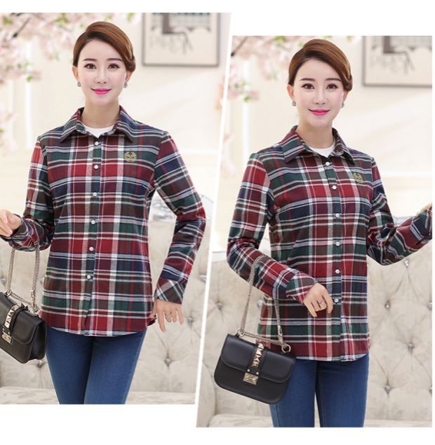 Áo sơ mi nữ trung niên cotton nữ mùa xuân và mùa thu áo sơ mi dài tay cỡ lớn Áo khoác nữ trung niên kẻ sọc áo khoác trung niên nữ u50