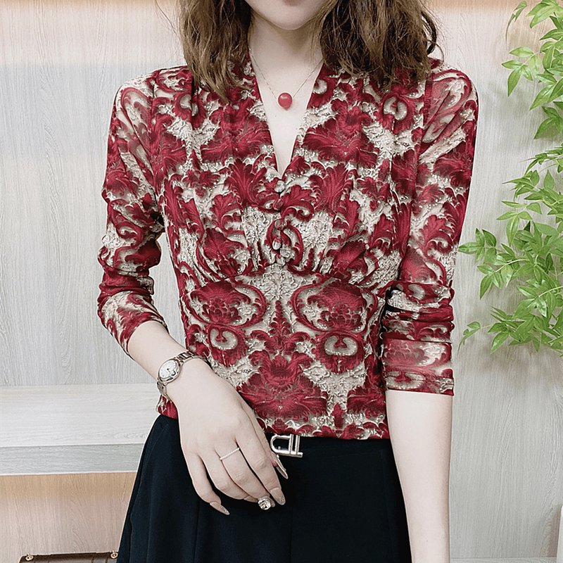 Fashionable Long-Sleeve V-Neck Three-Button Decorative Floral Slim-Fit Waist-Cinching Slimming Mesh Blouse for Middle-Aged Women