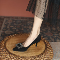 French high heels womens stiletto heels 2024 spring and autumn new style girl internet celebrity rhinestone pointed toe sexy black single shoes