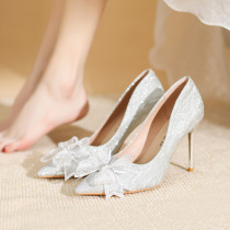 French crystal shoes 2024 spring and autumn new silver wedding shoes rhinestone bow pointed toe high heels womens stiletto shoes