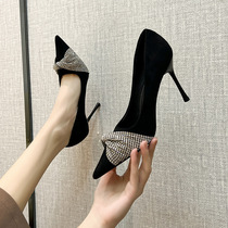 Sexy stiletto high heels pointed toe rhinestone single shoes shallow suede super high heels black professional versatile high heels for women