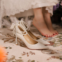H-21 high-heeled shoes wedding shoes banquet shoes feminine stiletto heels sexy bridesmaid pointed toes small fragrant off-white large size single shoes
