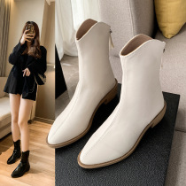 Mid-calf Martin boots womens casual Korean style back zipper thick heel leather Martin boots pointed toe low heel mid-calf leather boots