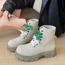 Cross-border British style thick heel thick-soled Martin boots for women 2024 winter new style versatile two-color band short-tube Martin boots
