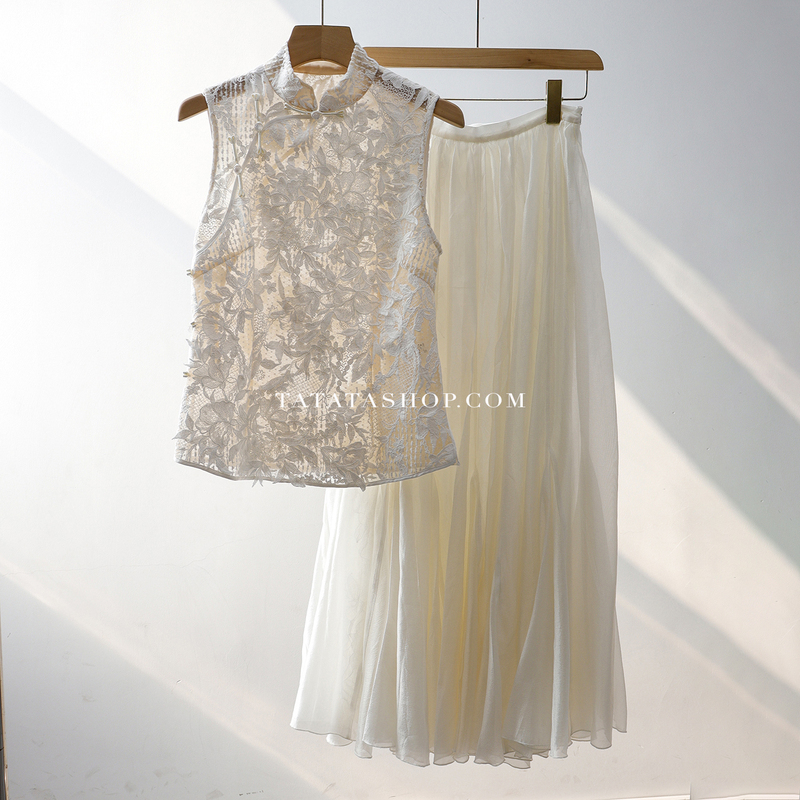 Oriental Charm, New Chinese Style! Heavy Lace Embroidery, Unique Design, Imported Lace Sleeveless Vest Shirt