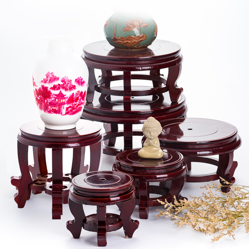 Cushion high flower pot base Rack Round Wooden Care Dish Vase Wine With Fish Tank Chstone Head Imitation Red Wood Flower Shelf Solid Wood