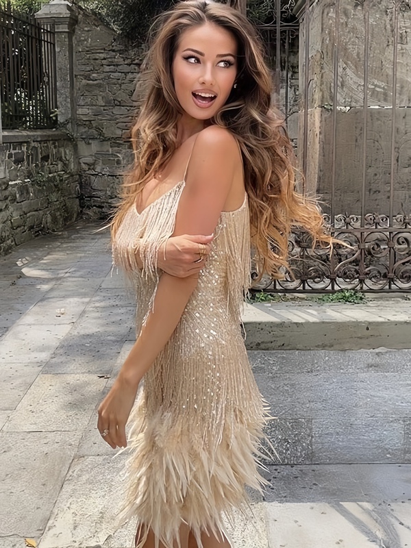 European and American Style Sequin Tassel Dress Birthday Party Sexy V-Neck Strap Feather Splicing Dress Banquet Dress European and American Style Sequin Tassel Dress Birthday Party Sexy V-Neck Strap Feather Splicing Dress Banquet Dress