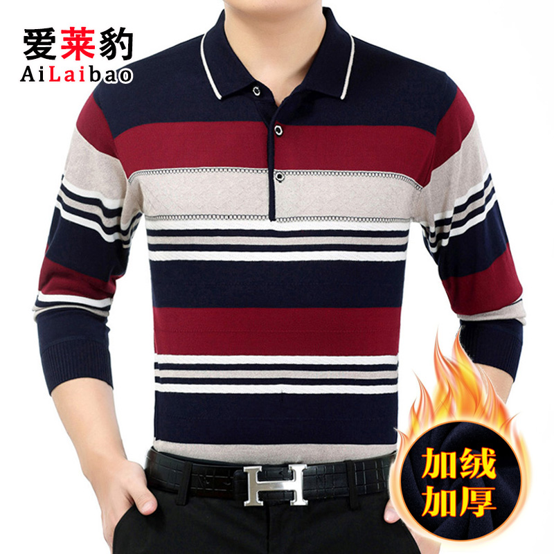 Đàn ông trung niên áo thun dài tay cộng với quần áo nhung ấm áp của cha trung niên áo sơ mi nam đan cổ áo dày áo thun unisex
