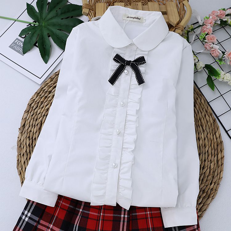 Mùa thu đông 2018 nữ sinh cộng với áo sơ mi nhung trắng cotton dài tay áo sơ mi nữ ấm áp áo sơ mi đồng phục sinh viên sơ mi đẹp cho bé trai