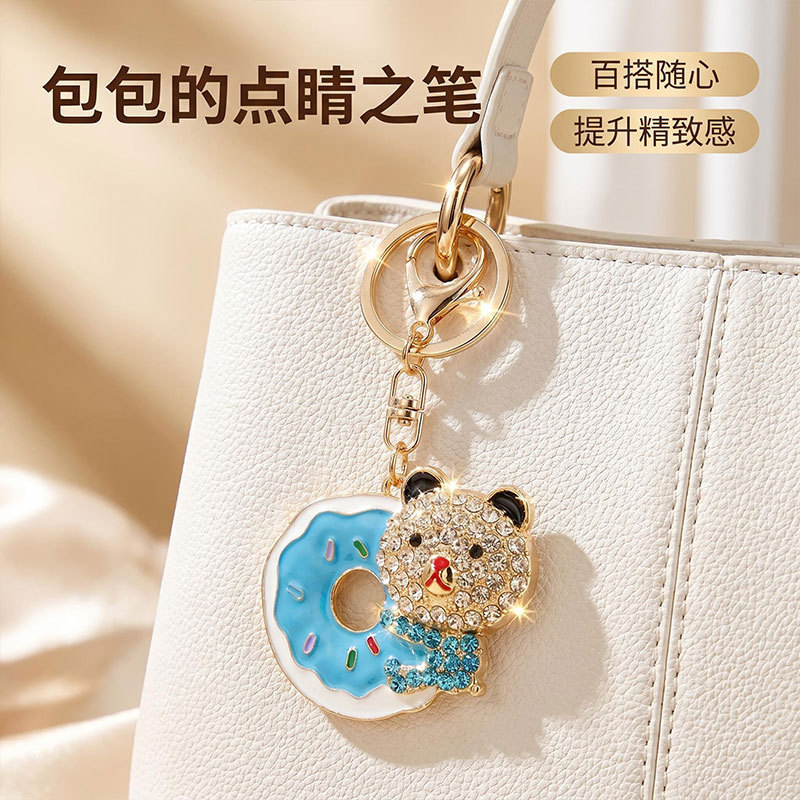 Colorful Rhinestone Donut Bear Fashion Keychain Pendant Donut Dessert Animal Series Bear Keychain