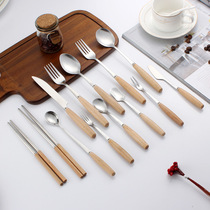 Nishida wood rain beech handle stainless steel knife and fork spoon Creative meal spoon Fruit fork Dessert ice cream spoon Household