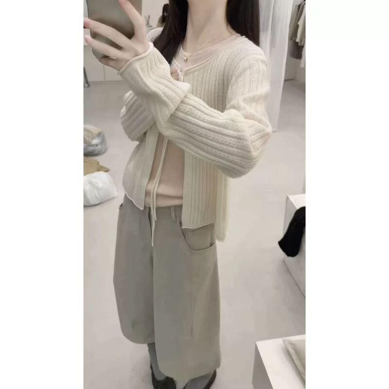 Amidi Genuine Product~Korean-Style Sweet Lace-Up Hollow-Out Knitted Cardigan Sweater Versatile Short Top 26 New Autumn Model Amidi Genuine Product~Korean-Style Sweet Lace-Up Hollow-Out Knitted Cardigan Sweater Versatile Short Top 26 New Autumn Model