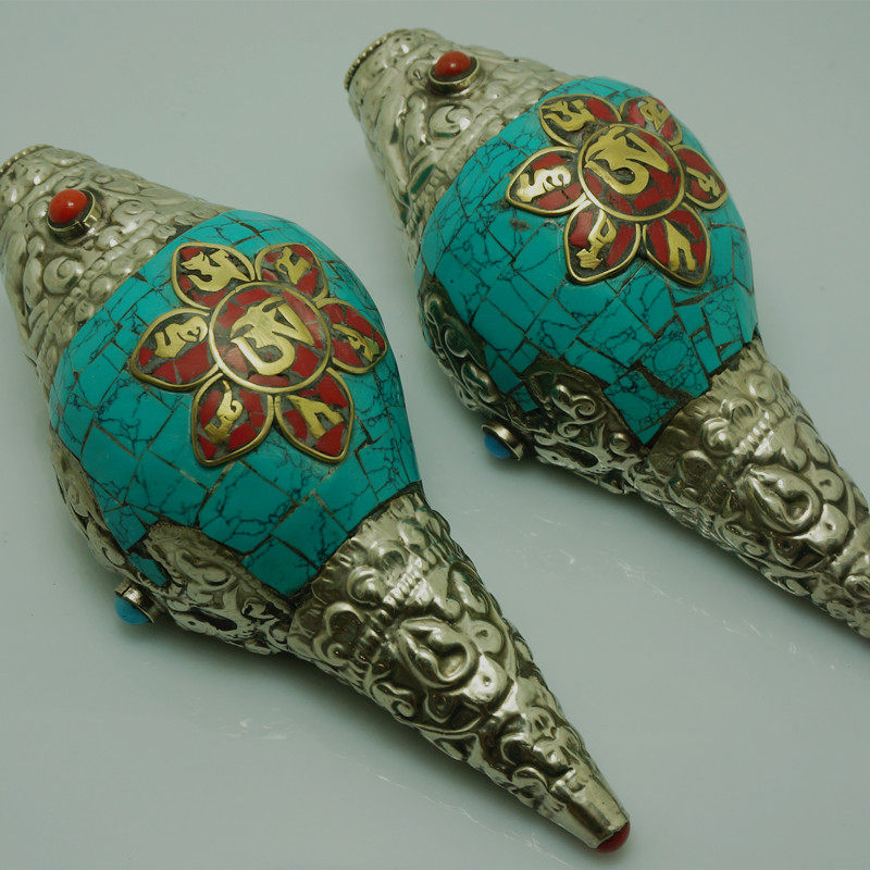 Tibetan Myitong Supplies Six Words True to the Colorful Stones Sea Snail Nepal Handmade White Bronze Sculpture Flower Wrap Method Snail Repo for furniture-Taobao