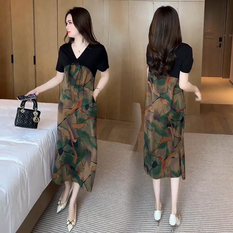 Chinese Style Floral Dress for Women, New Summer Style, Loose Fit, Tummy-Covering, Slimming, Printed Patchwork Mid-Length Dress