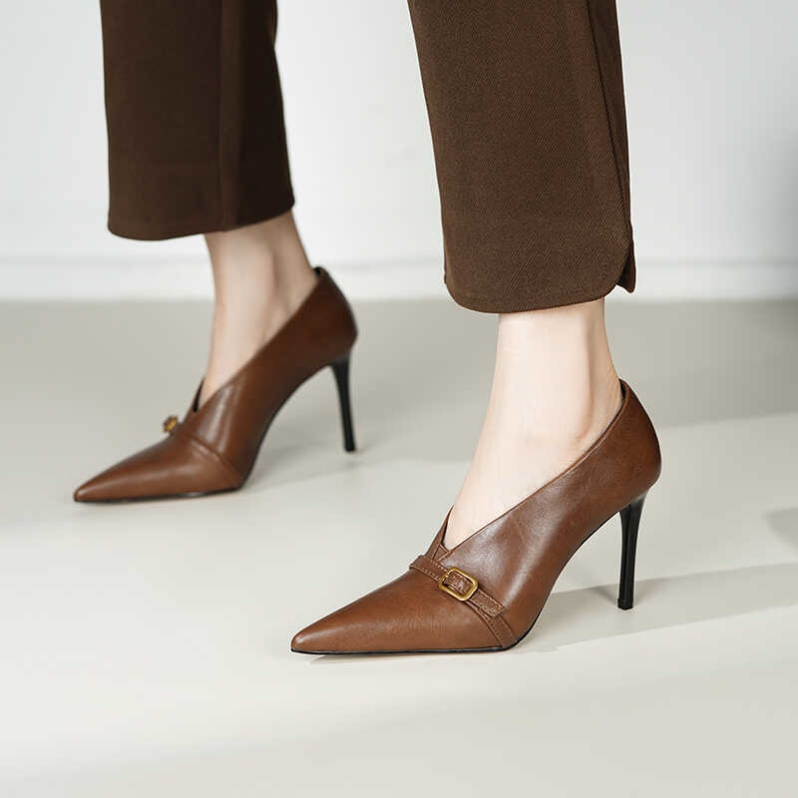 【Italy~Adribellucci】Genuine Leather French Retro High Heels for Women, Stiletto Heels, New Pointed Toe Single Shoes