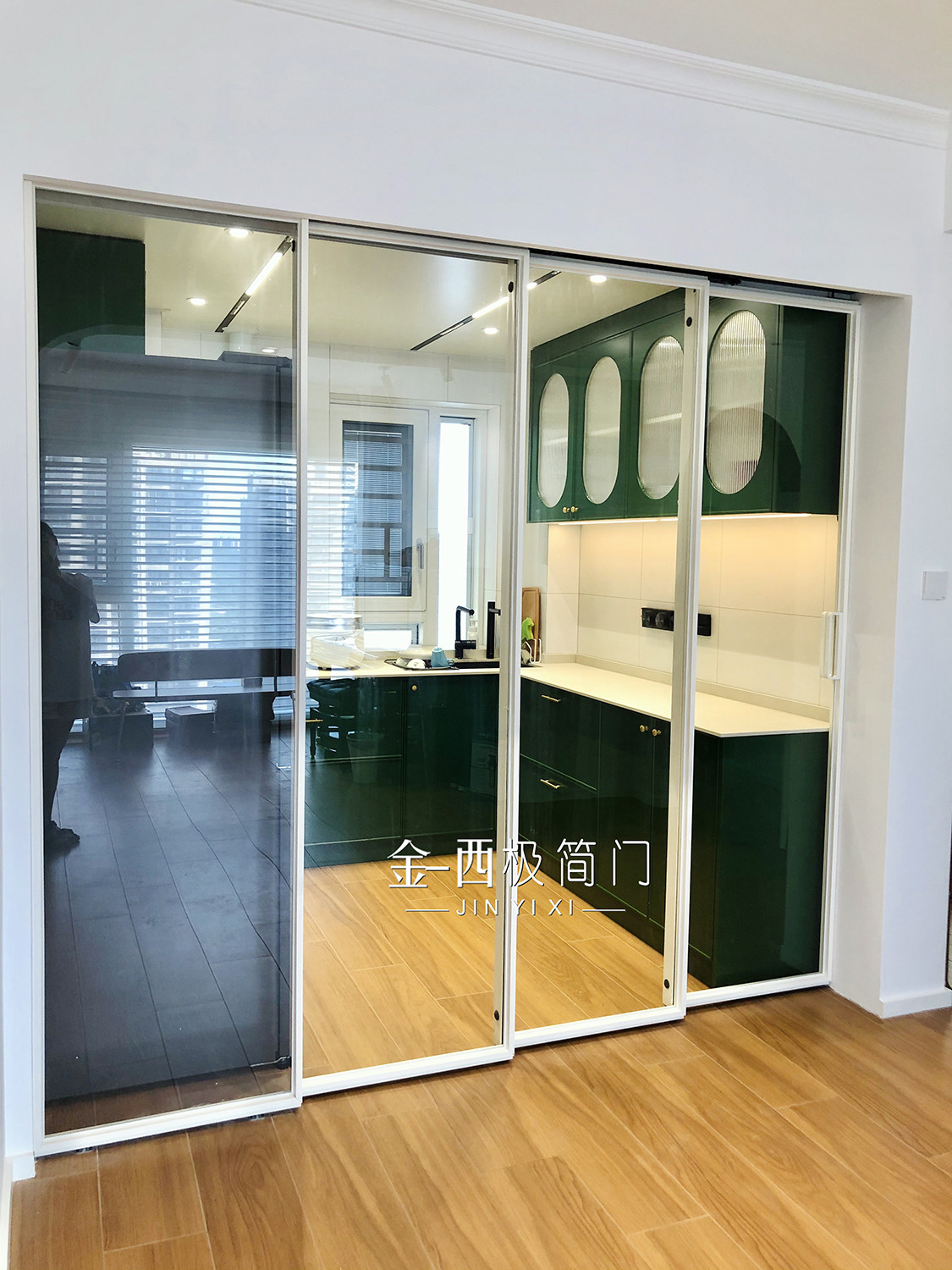 Jinxi minimalist door kitchen four-link ground rail hanging wheel sliding door balcony transparent glass white hanging sliding door