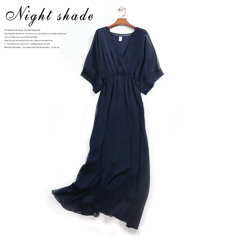 5958 quầy 2019 mùa xuân mới quần áo phụ nữ Bohemian cổ chữ V giữa tay áo cao thắt lưng màu tinh khiết Đầm voan xòe lớn - Váy eo cao