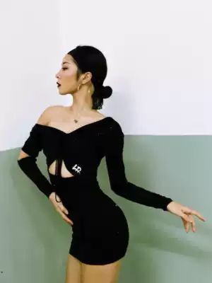 LR beauty 027 autumn and winter New long sleeve drawstring hollow black dress with chest pad