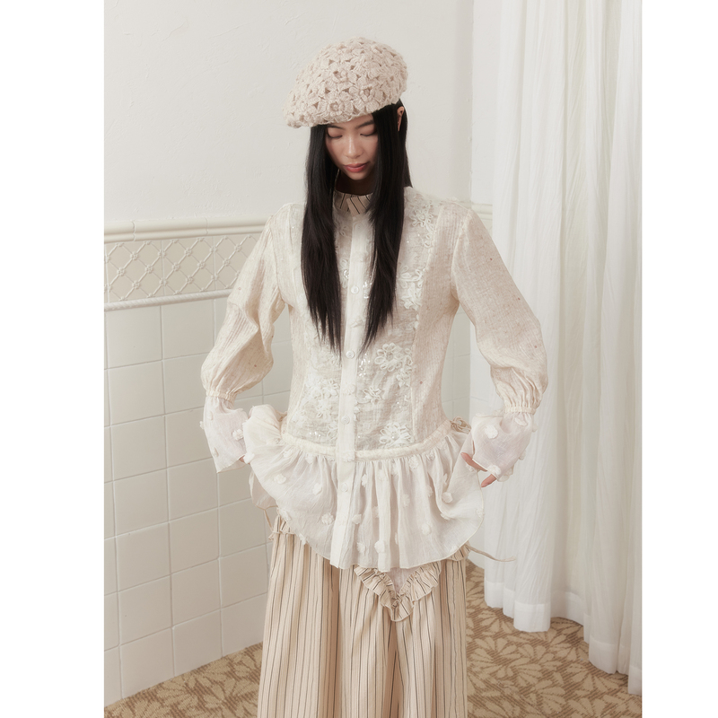 Senself Original Autumn and Winter Off-White Polka Dot Sequin Embroidered Lace Splicing Skirt Flared Sleeves Loose Shirt