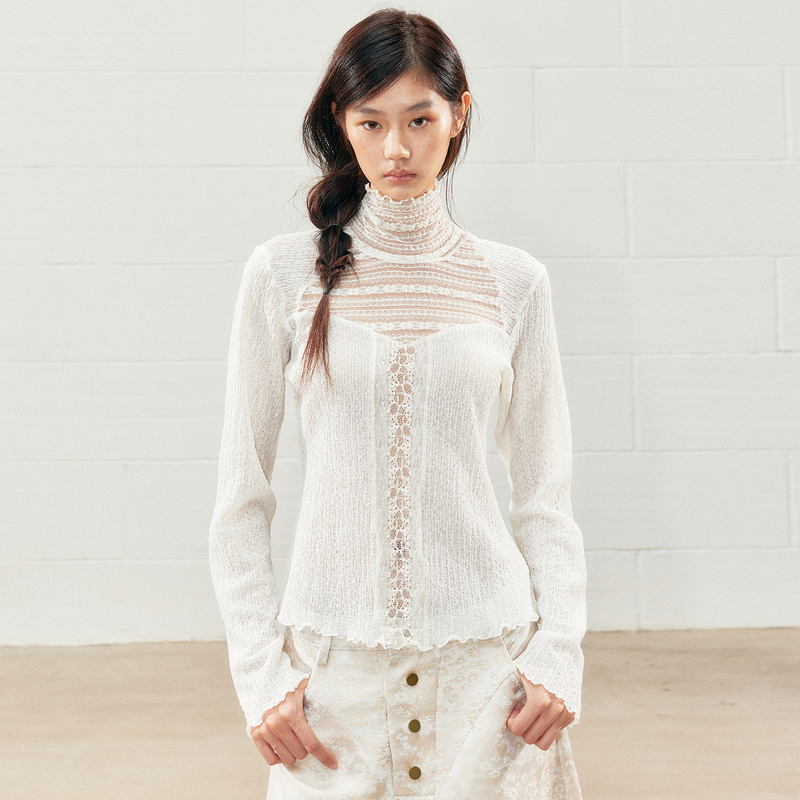 Senself Original 26Fw Women's Long-Sleeved T-Shirt White Retro High-Neck Slim-Fit Knitwear Lace Bottoming Shirt Autumn