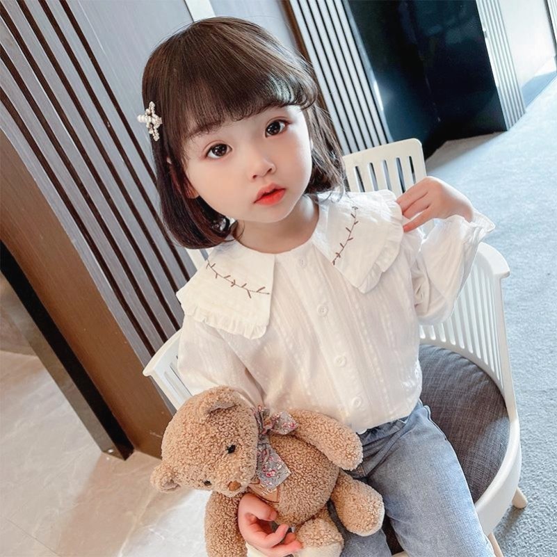Girl Doll Collar Shirt Long Sleeve 2022 Spring Autumn Season New Women's Baby Boy Children Suit White Lining Wave
