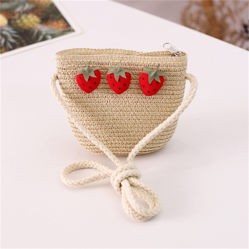 Girl's Straw Flower Strawberry Bow Knot Cute Bucket Zipper Crossbody Bag display picture 3