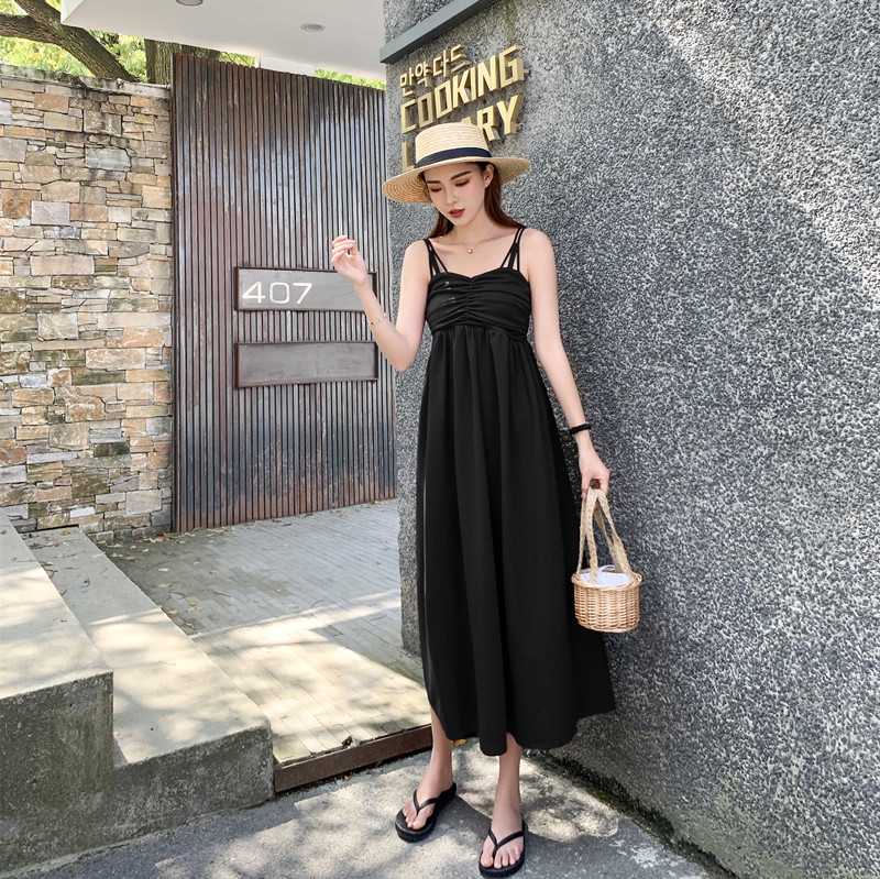 VK旗艦店 韓系時尚沙灘褶皺平口吊帶度假無袖洋裝