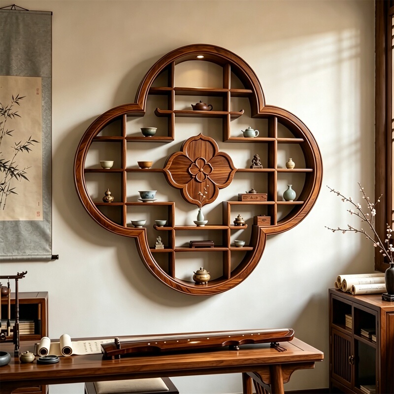 Song-Style Aesthetics North American Black Walnut Crabapple Flower Solid Wood Display Shelf Wall-Mounted Multi-Purpose Cabinet Tea Set Teapot Storage Rack Song-Style Aesthetics North American Black Walnut Crabapple Flower Solid Wood Display Shelf Wall-Mounted Multi-Purpose Cabinet Tea Set Teapot Storage Rack