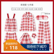 Pajamas women Summer cotton seven-piece set suspender shorts Plaid sexy woman long sleeve thin home wear spring and autumn