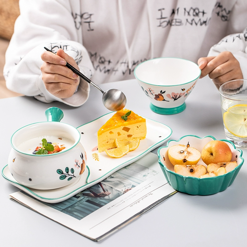 Bộ đồ ăn Duo Yi Xia Chuan cho một người, bát ăn sáng anh đào sáng tạo kiểu Nhật, bộ đồ ăn gốm sứ trẻ em dễ thương có tay cầm - Đồ ăn tối